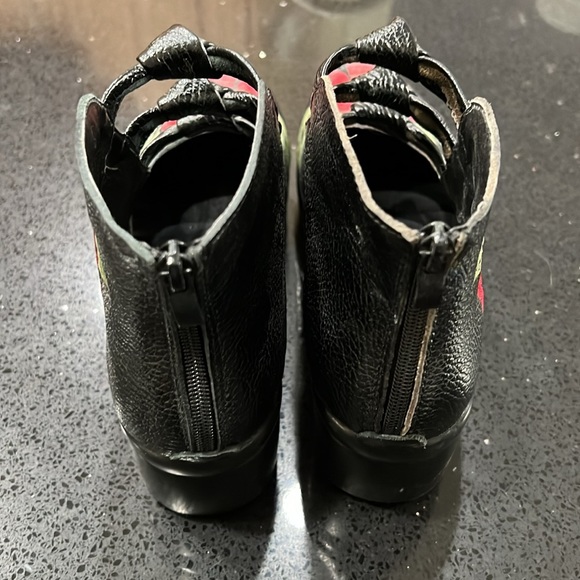 Black Leather Wedge Mary Jane Booties with Red Stitched Flowers and Green Leaves - Picture 9 of 11